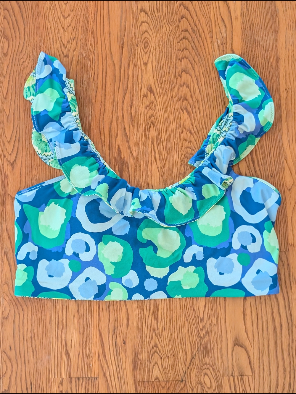 Emily McCarthy Blue and Green Cheetah Print Ruffle Bikini Swimsuit Top